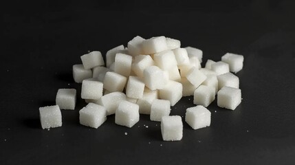 White sugar cubes on black background, unhealthy nutritional ingredients