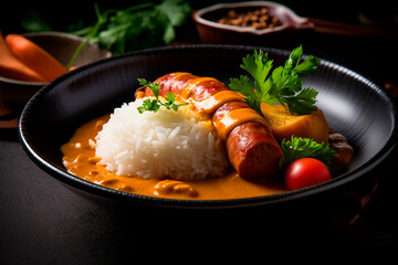 Black bowl is filled with white rice and a cooked hot dog, creating a simple meal. Hot dog is...