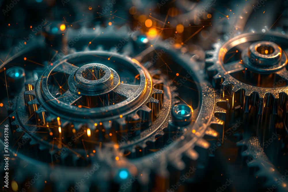 Poster an intricate web of interconnected gears and cogs symbolizing the complexity of communication system