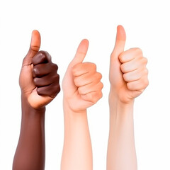 Three individuals are seen holding their thumbs up in air, indicating approval or positivity. Group of people are showing their support or agreement on something. - obrazy, fototapety, plakaty