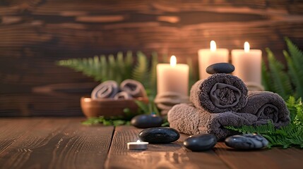 A tranquil spa setting with a towel on fern, candles, and black hot stones on a wooden background, creating an ambiance for relaxation and massage therapy, lit by candlelight