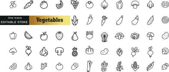 Set of line icons in linear style. Set - Vegetables and veggies. Natural fresh vegetables and root vegetables. Vegetarian food. Outline icon collection. Pictogram and infographic. Editable stroke.
