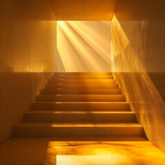 Abstract golden light rays scene with stairs. Generative AI