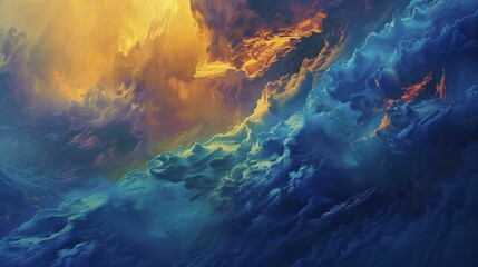 A beautiful painting of a cloudy sky with a sunset in the background - obrazy, fototapety, plakaty