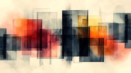 Abstract illustration of translucent overlapping rectangles in black, red, orange and yellow, with a grungy vibe