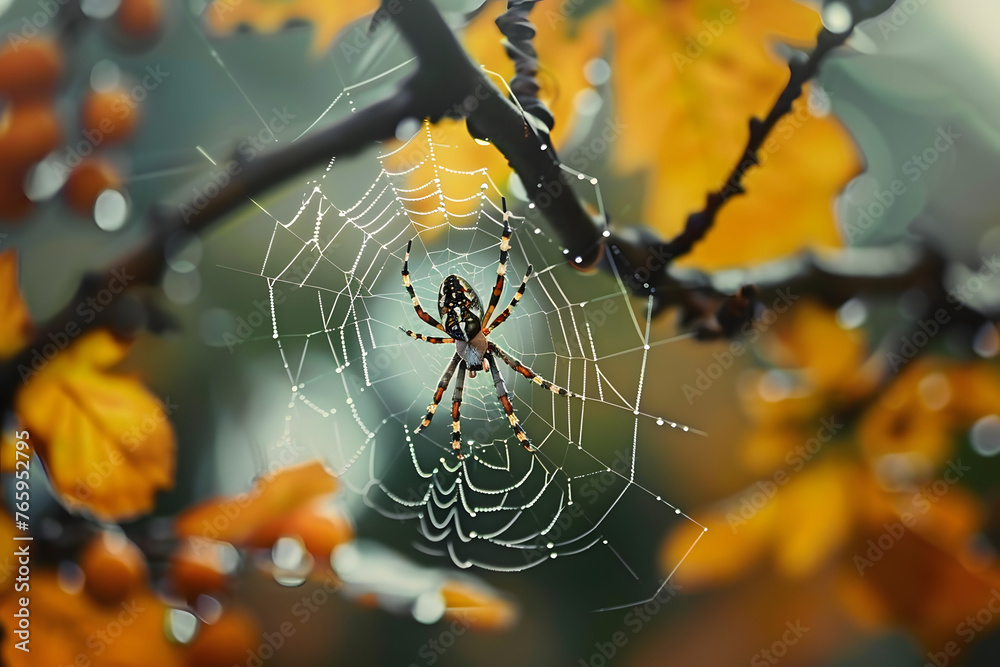 Poster a close up of a spider on a web on a tree branch with water droplets on it's back and a blurry backg