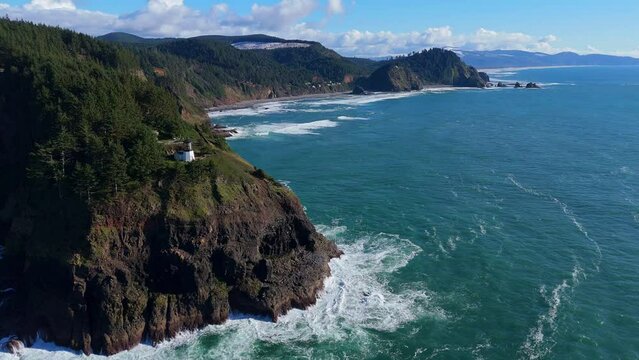 Cape Meares Lighthouse Three Arch Rocks Oceanside Oregon Coast Drone Video 9