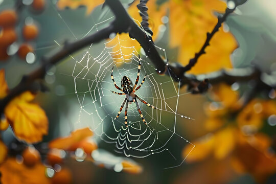 a close up of a spider on a web on a tree branch with water droplets on it's back and a blurry background of leaves and yellow flowers.