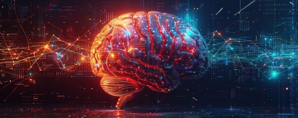 Glowing Human Brain on Blue and Orange Circuit Board Pattern Background