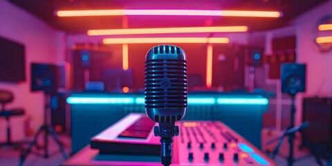 An empty podcast studio with broadcasting equipment and neon lighting featuring a closeup of a black microphone. Concept Podcast Studio Setup, Broadcasting Equipment, Neon Lighting