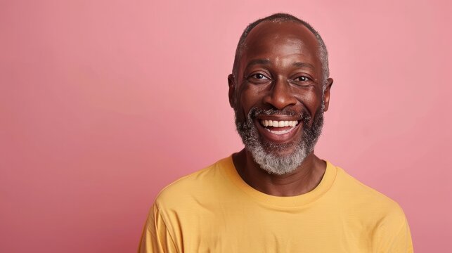 A middle-aged African American man is pretending to smile with his teeth clenched, while looking