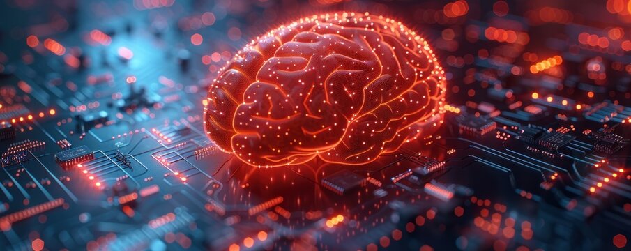 Digital Brain Integrated Circuit Board with Intricate Electronic Pathways and Advanced Technology