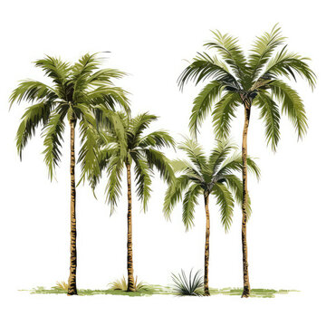 Four palm trees with lush leaves on a white background. Coconut branches with green leaves