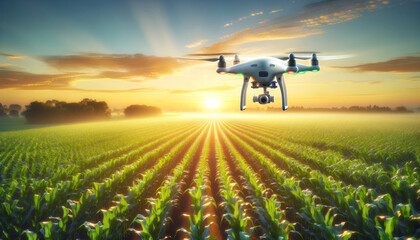 agricultural drone flying over a lush green cornfield at sunrise. The drone should have a sophisticated design, - obrazy, fototapety, plakaty