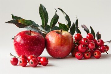 A close up of red apples and autumn leaves