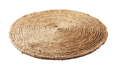 round rug isolated on white, straw carpet circle decor isolated on white.