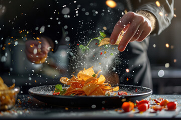 A skilled chef adds the final touch to a colorful, appetizing dish of chips, sending spices and ingredients into an elegant dance of flavors and aromas.