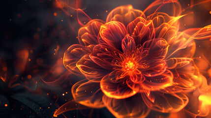 Beautiful fiery flower on a dark background. Digital art. The image is impressive in its unexpectedness and can be used in design in a wide variety of areas. - obrazy, fototapety, plakaty