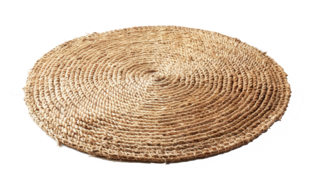 round rug isolated on white, straw carpet circle decor isolated on white.