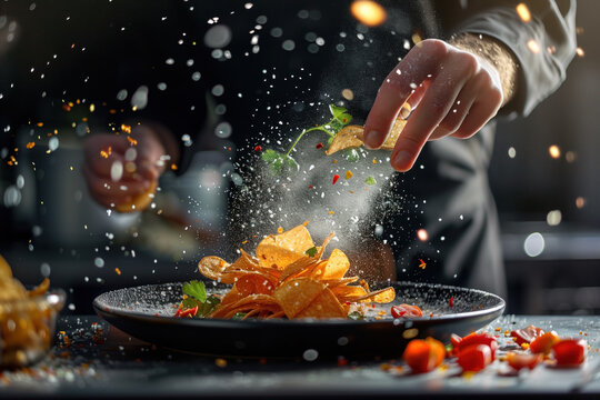 A skilled chef adds the final touch to a colorful, appetizing dish of chips, sending spices and ingredients into an elegant dance of flavors and aromas.