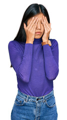 Beautiful young asian woman wearing casual clothes rubbing eyes for fatigue and headache, sleepy and tired expression. vision problem