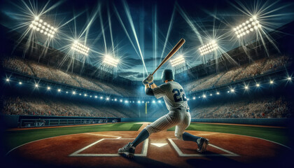 baseball player at the plate in a stadium under the night lights, poised to hit. The stadium is packed - obrazy, fototapety, plakaty