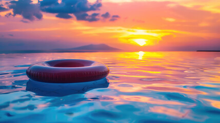 Inflatable ring in the pool overlooking the sunset - obrazy, fototapety, plakaty