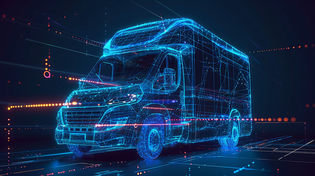 Modern van Wireframe Concept: 3D Rendered Xray Blue Transparent Model with Augmented Reality Features, Perfect for Futuristic UI Design and Eye-Catching Visuals on a Blue Background.
