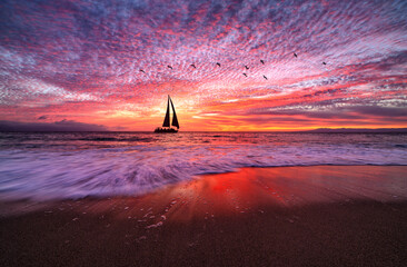 Sailboat Sunset Silhouette Inspiration Birds Boat Sailing Ocean Beach Sunrise