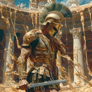 A gladiator, painted in surrealistic style, fights against a backdrop of melting clocks and distorted landscapes, cinematic