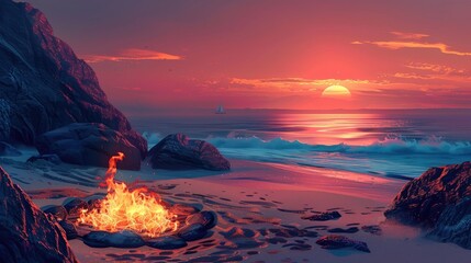 A fire burning on the beach with a sunset in the background