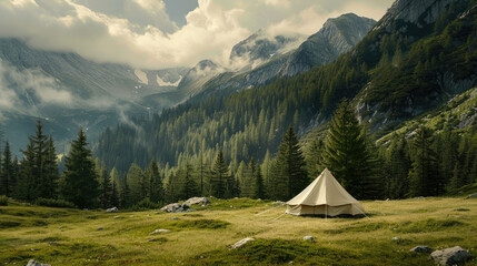 Tourists Camping. Picnic tent on a mountain meadow - obrazy, fototapety, plakaty