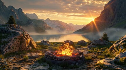 fire burning in the mountains with sunrise in the background - obrazy, fototapety, plakaty