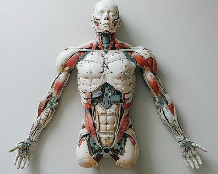 Dadaist art reimagines humans as mechanical contraptions, their bodies assembled from disparate parts, high resolution DSLR