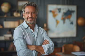 Fototapeta premium Successful mature businessman smiling confidently with arms crossed in his modern office