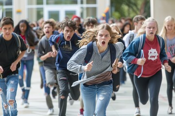 Crowd of teenagers students running away from school in panic - obrazy, fototapety, plakaty