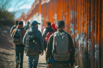 Young migrants men walking along the border - obrazy, fototapety, plakaty