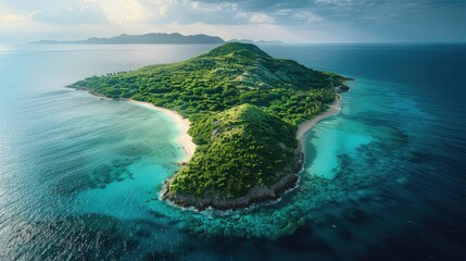 Aero view on Tortuga Island, revealing the island's lush greenery against a backdrop of crystal-clear waters that shimmer under the sunlight, emphasizing the pristine and untouched beauty of nature - obrazy, fototapety, plakaty