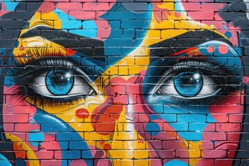 Close-up of a colorful graffiti of a womans face on a brick wall.