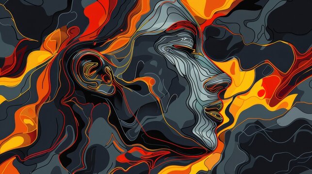 Eyecatching painting of a fiery womans face, a dynamic gesture in art