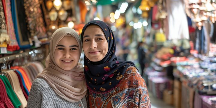 Happy  middle eastern Arab muslim mother and daughter  wearing a hijab shopping at a middle eastern market bazar looking at the camera smiling