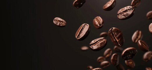 Coffee beans falling on brown background, closeup view