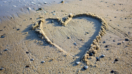 Fototapeta na wymiar Heart drawn in the sand. Beach background. Top view