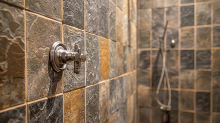Modern shower with wall tiles. Tile in the shower stall