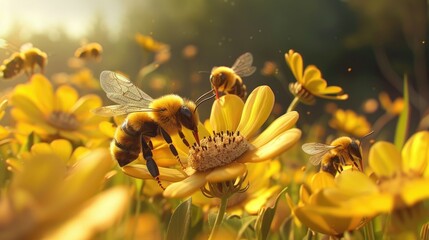 a bee on a yellow flower blooming - obrazy, fototapety, plakaty