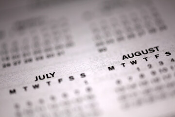 Calendar page - shallow depth of field - focus on July August month
