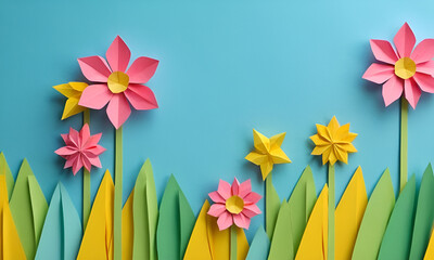 Flowers and grass made of cut paper, blue background, cardboard.