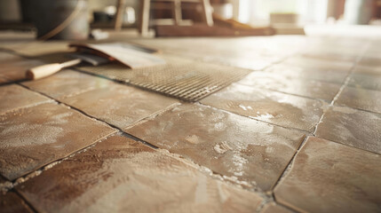 Laying floor ceramic tile. Renovating the floor. - obrazy, fototapety, plakaty