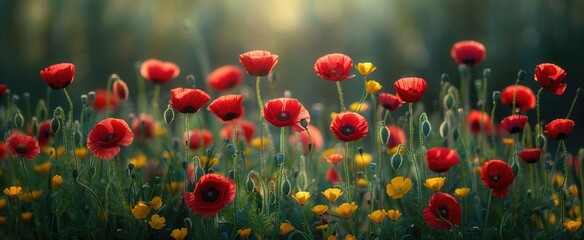 Crimson Poppies and Yellow Buttercups on a Lush Green Meadow