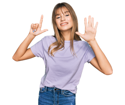 Teenager caucasian girl wearing casual clothes showing and pointing up with fingers number seven while smiling confident and happy.